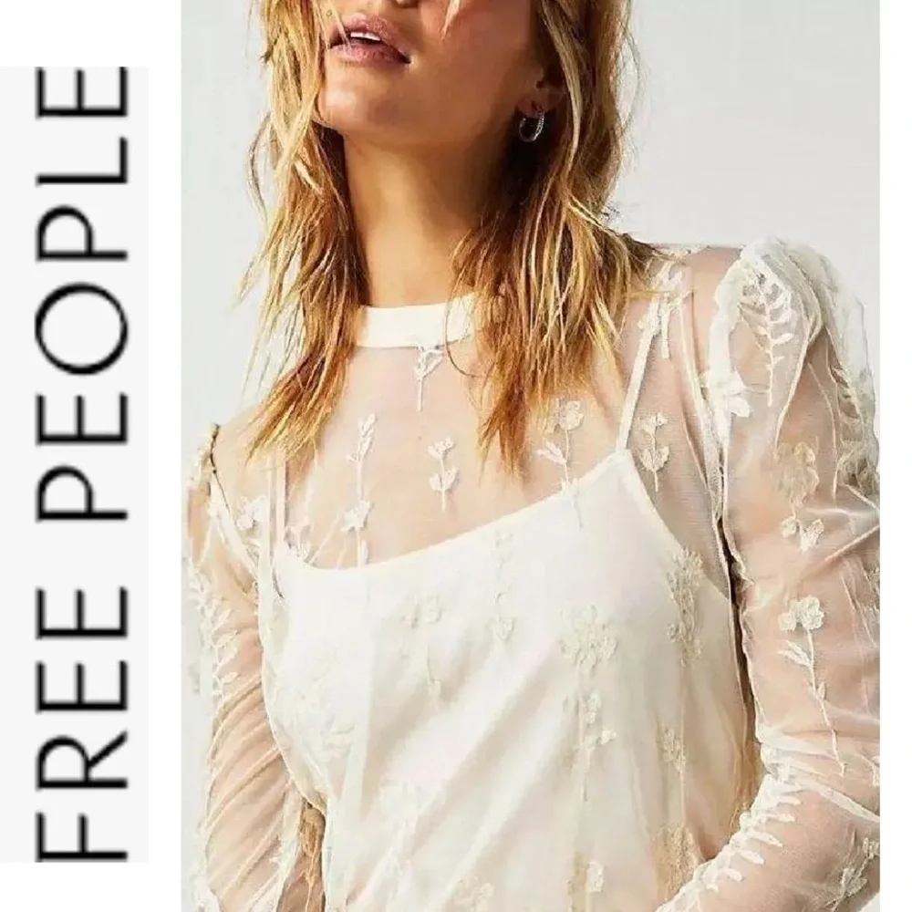 Free People Cecelia Sheer Lace Mini Dress pale pink/ ivory small - Picture 3 of 13
